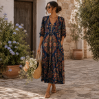 Édith | Vestido Largo Floral Étnico Azul Marino