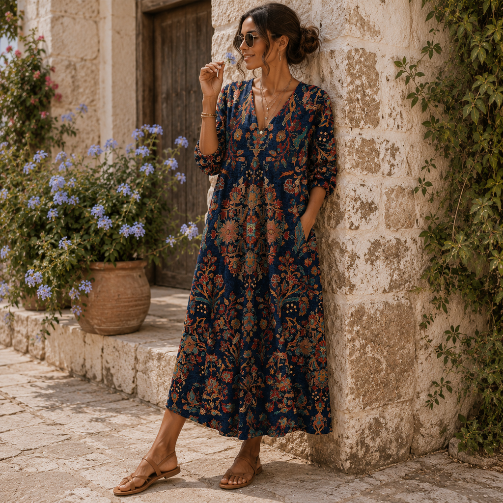 Édith | Vestido Largo Floral Étnico Azul Marino