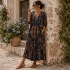 Édith | Vestido Largo Floral Étnico Azul Marino
