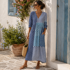 Clémence | Vestido Largo Mosaico Azul y Blanco