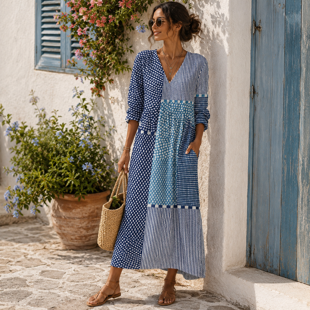 Clémence | Vestido Largo Mosaico Azul y Blanco