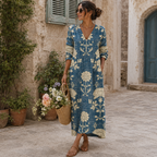 Élisabeth | Vestido Largo Floral Azul y Crema