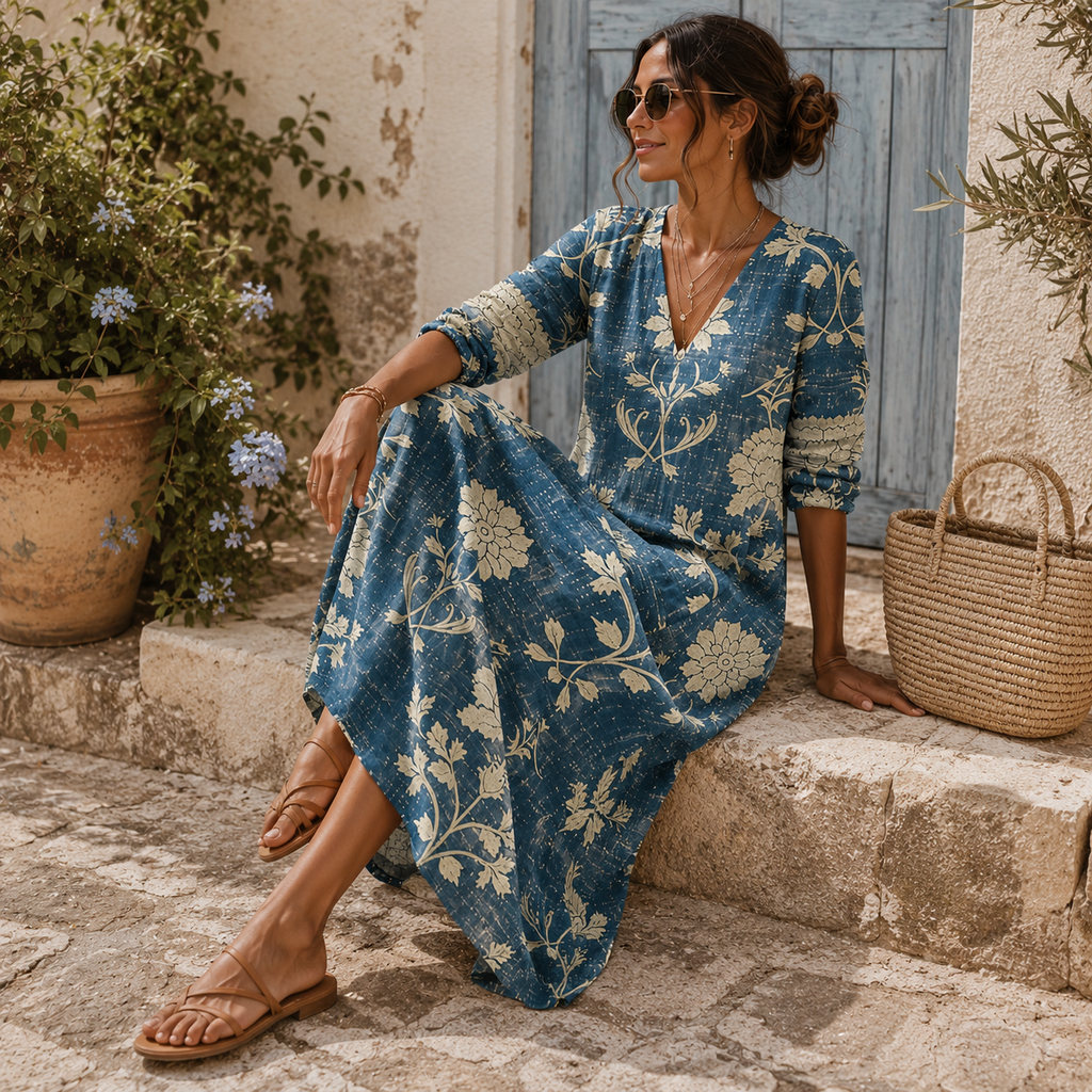 Élisabeth | Vestido Largo Floral Azul y Crema
