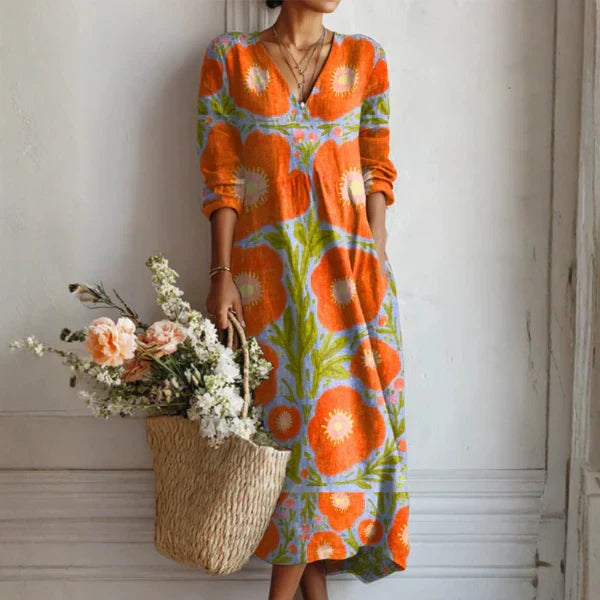 Alice | Vestido Largo Floral Naranja y Verde