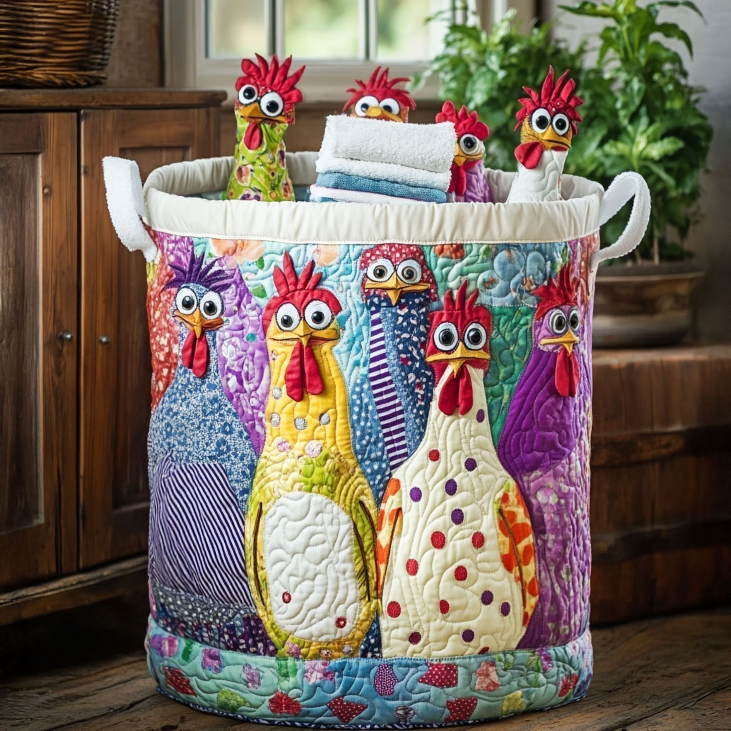 Amalia · Cesto de Ropa Acolchado — Gallinas de Colores