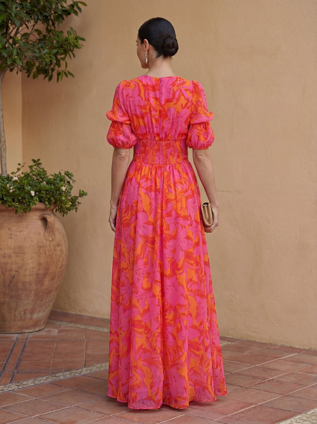 Olimpia · Vestido Maxi Floral con Mangas Abullonadas y Escote en V