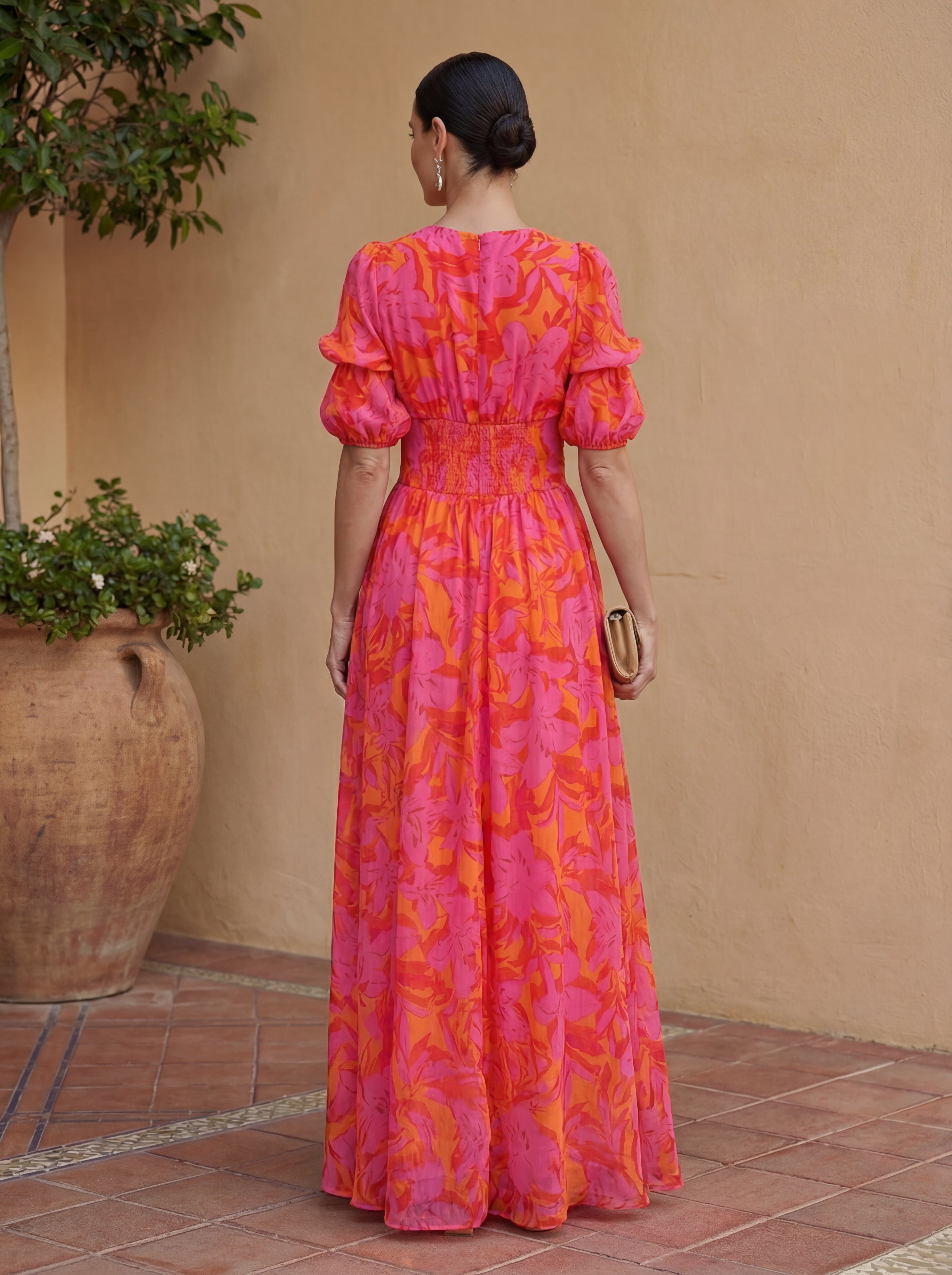 Olimpia · Vestido Maxi Floral con Mangas Abullonadas y Escote en V