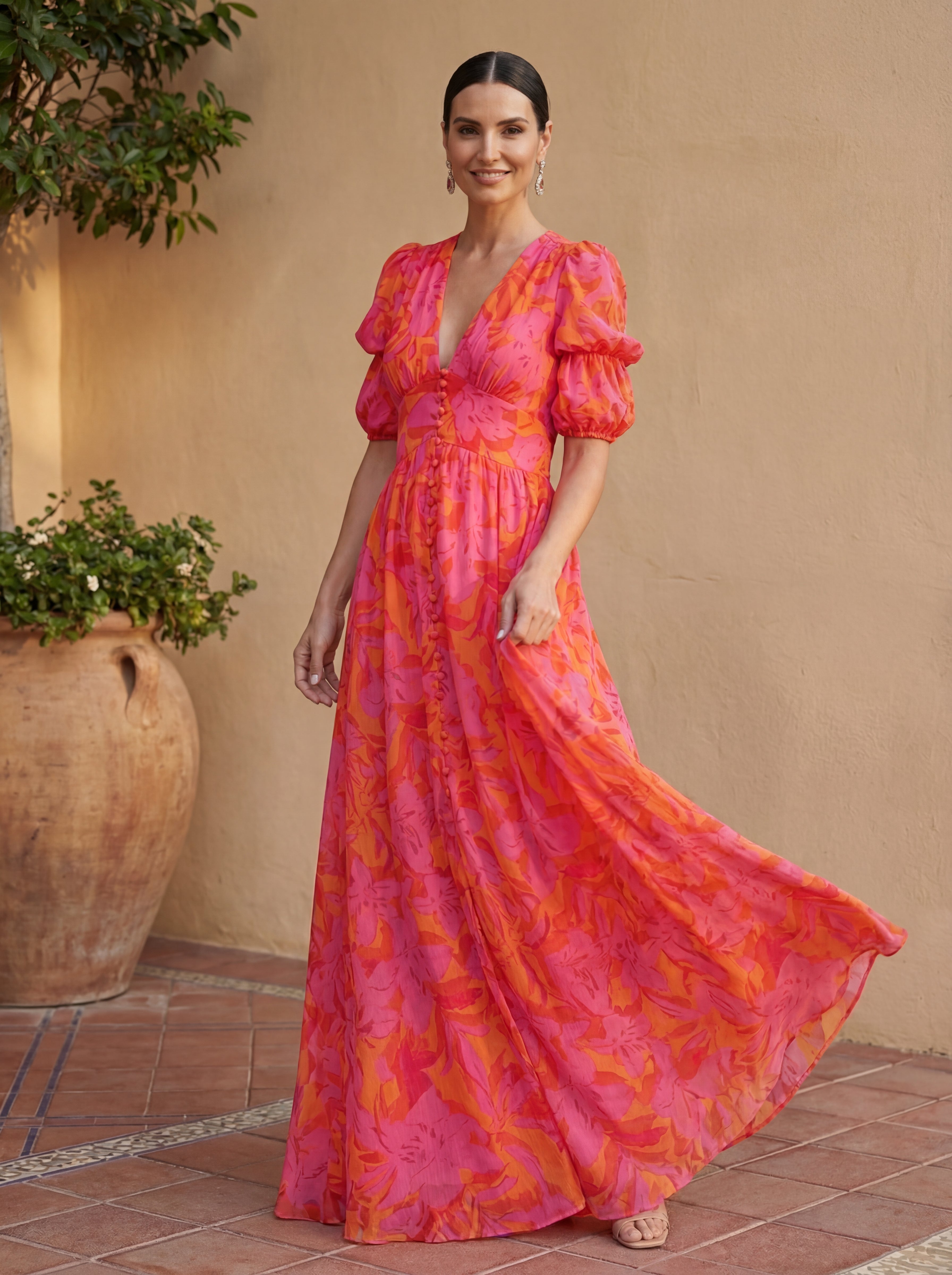 Olimpia · Vestido Maxi Floral con Mangas Abullonadas y Escote en V