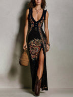 Vestido Bohemio Estampado con Escote V Profundo y Abertura Alta