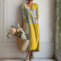 Rosalie | Vestido Largo Patchwork Mostaza y Gris