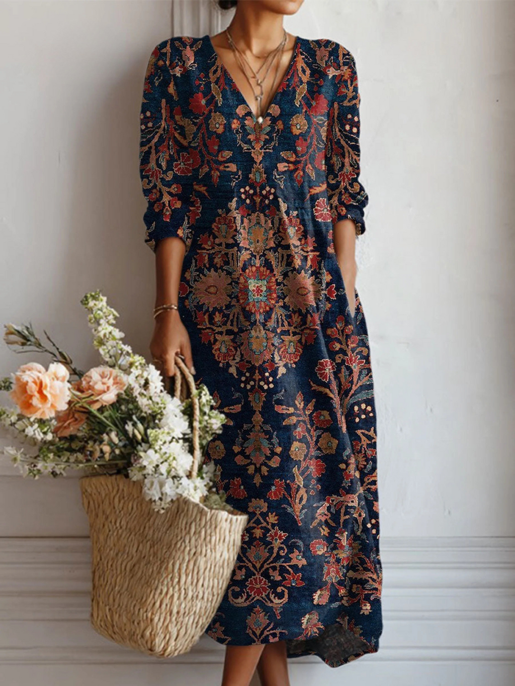 Édith | Vestido Largo Floral Étnico Azul Marino