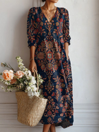 Édith | Vestido Largo Floral Étnico Azul Marino