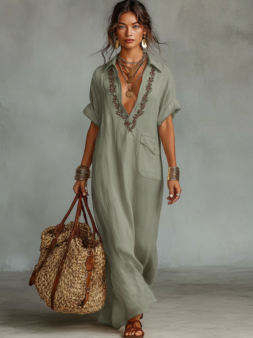 Marta · Vestido Camisero Maxi Lino Bordado