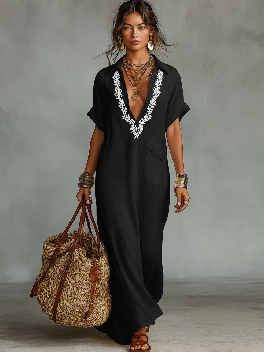 Marta · Vestido Camisero Maxi Lino Bordado