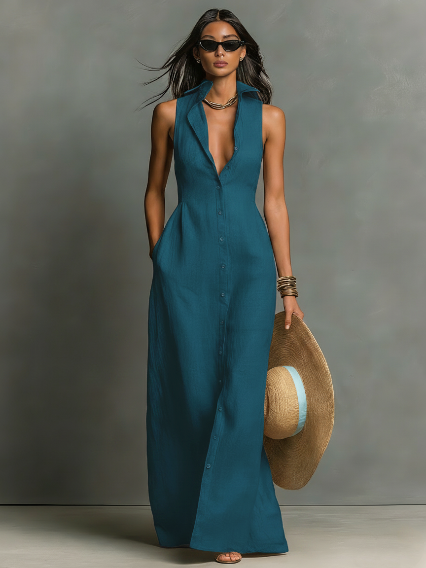 Rocío · Vestido Camisero Maxi Lino Sin Mangas