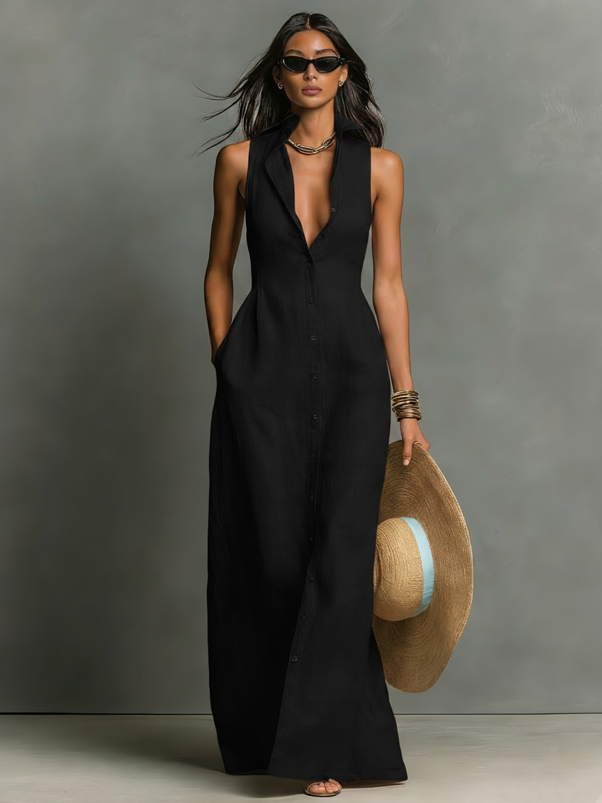 Rocío · Vestido Camisero Maxi Lino Sin Mangas