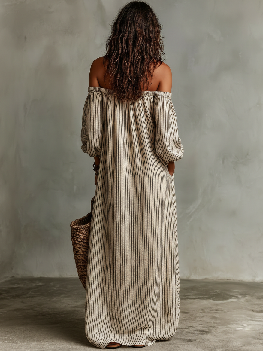 Vestido Maxi de Vacaciones, Hombros Descubiertos y Manga Larga