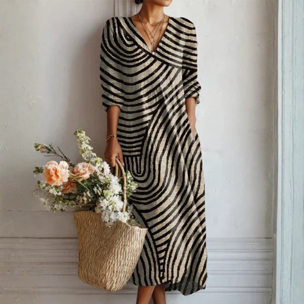 Aurélie | Vestido Largo Rayas Onduladas Negro y Beige