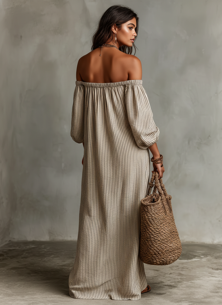 Vestido Maxi de Vacaciones, Hombros Descubiertos y Manga Larga