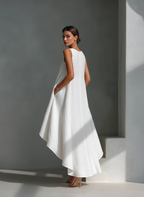 Blanca · Vestido Midi de Lino con Bajo Asimétrico