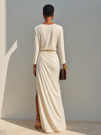 Marcela vestido maxi beige - detalle frunce