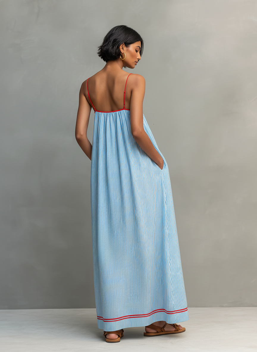 Vestido Maxi Minimalista de Rayas con Ribete Rojo y Tirantes Finos