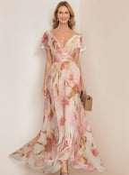 Vestido Largo Floral con Escote V y Mangas Mariposa en Rosa