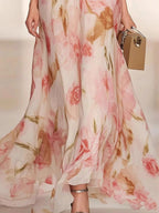 Vestido Largo Floral con Escote V y Mangas Mariposa en Rosa
