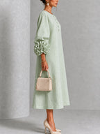 Mystic Sage Midi Dress with Flower Buttons and Extravagant Flower Sleeves