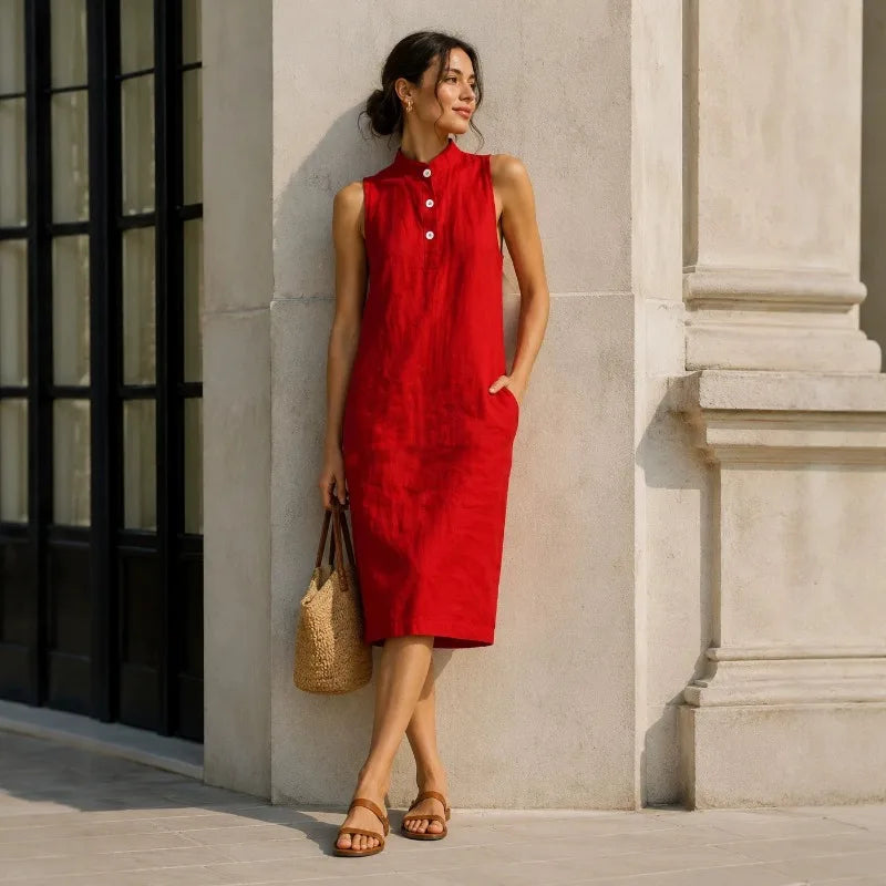 Marina - Vestido Midi Cuello Alto Sin Mangas - Rojo