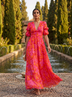 Olimpia · Vestido Maxi Floral con Mangas Abullonadas y Escote en V