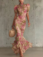 Fiora - Abito lungo con stampa vintage a rose e maniche a sbuffo.