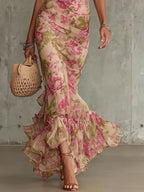 Fiora - Abito lungo con stampa vintage a rose e maniche a sbuffo.