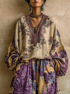 Conjunto de Top Suelto con Escote en V y Pantalones de Pierna Ancha con Estampado Floral Bohemio