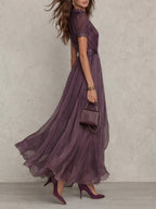 Flavia | Vestido Largo Violeta con Escote Gota y Encaje en Chiffon