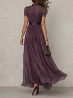 Flavia | Vestido Largo Violeta con Escote Gota y Encaje en Chiffon