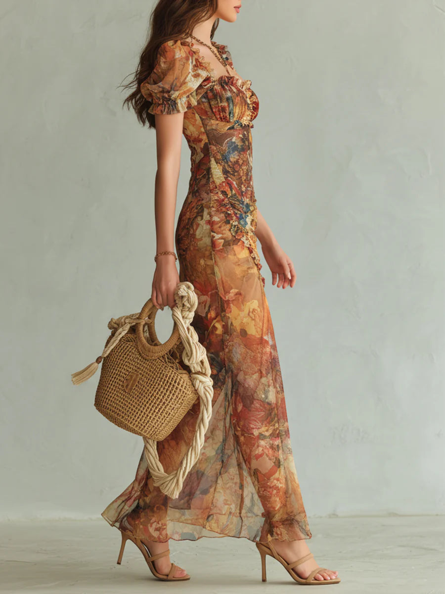 Aroa · Vestido Maxi de Gasa con Estampado Boho