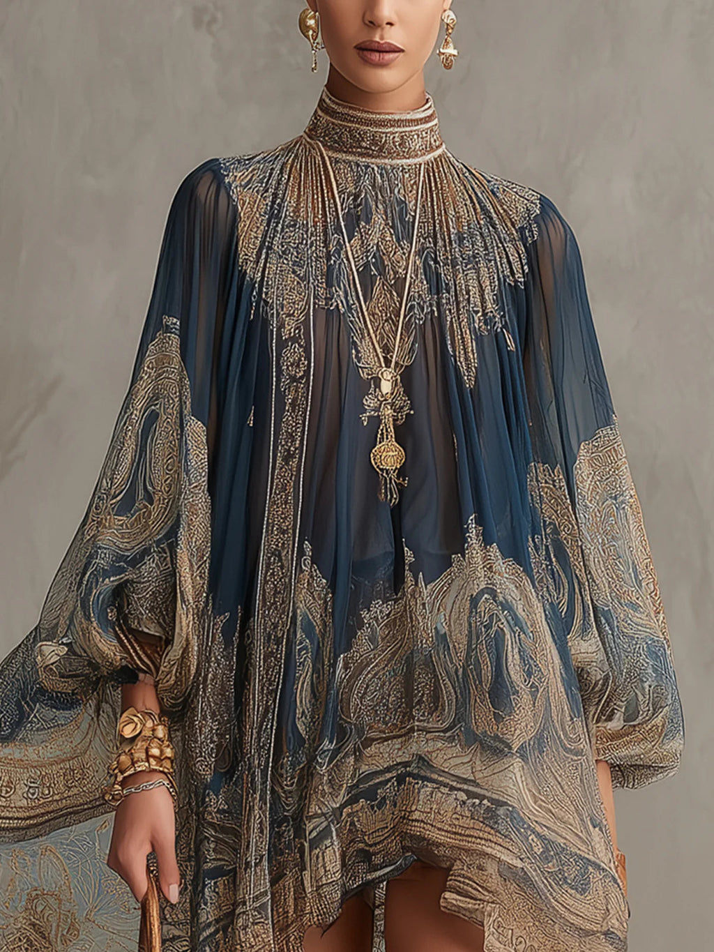 Marianna · Vestido Mini Azul Marino de Chifón con Estampado Barroco