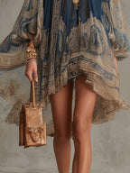 Marianna · Vestido Mini Azul Marino de Chifón con Estampado Barroco