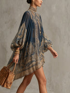 Marianna · Vestido Mini Azul Marino de Chifón con Estampado Barroco