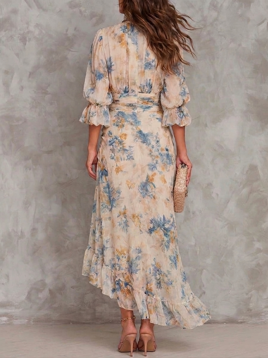 Leonor · Vestido Maxi de Gasa Floral con Cuello Alto
