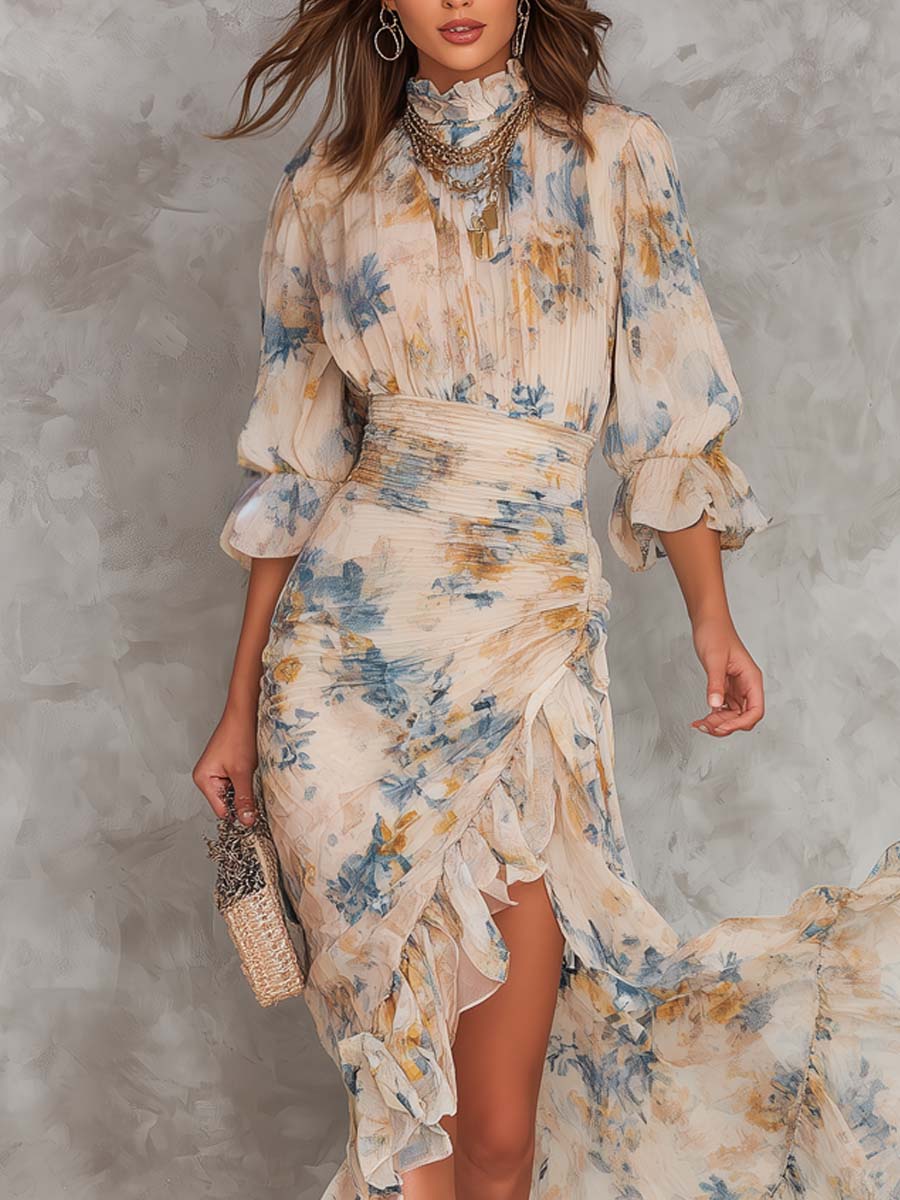 Leonor · Vestido Maxi de Gasa Floral con Cuello Alto