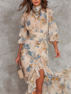 Leonor · Vestido Maxi de Gasa Floral con Cuello Alto