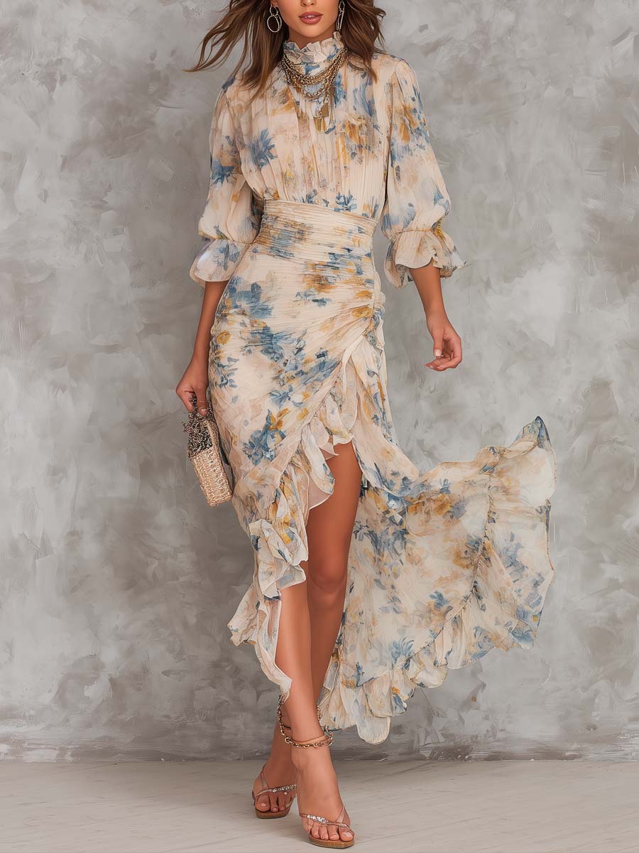 Leonor · Vestido Maxi de Gasa Floral con Cuello Alto