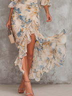 Leonor · Vestido Maxi de Gasa Floral con Cuello Alto