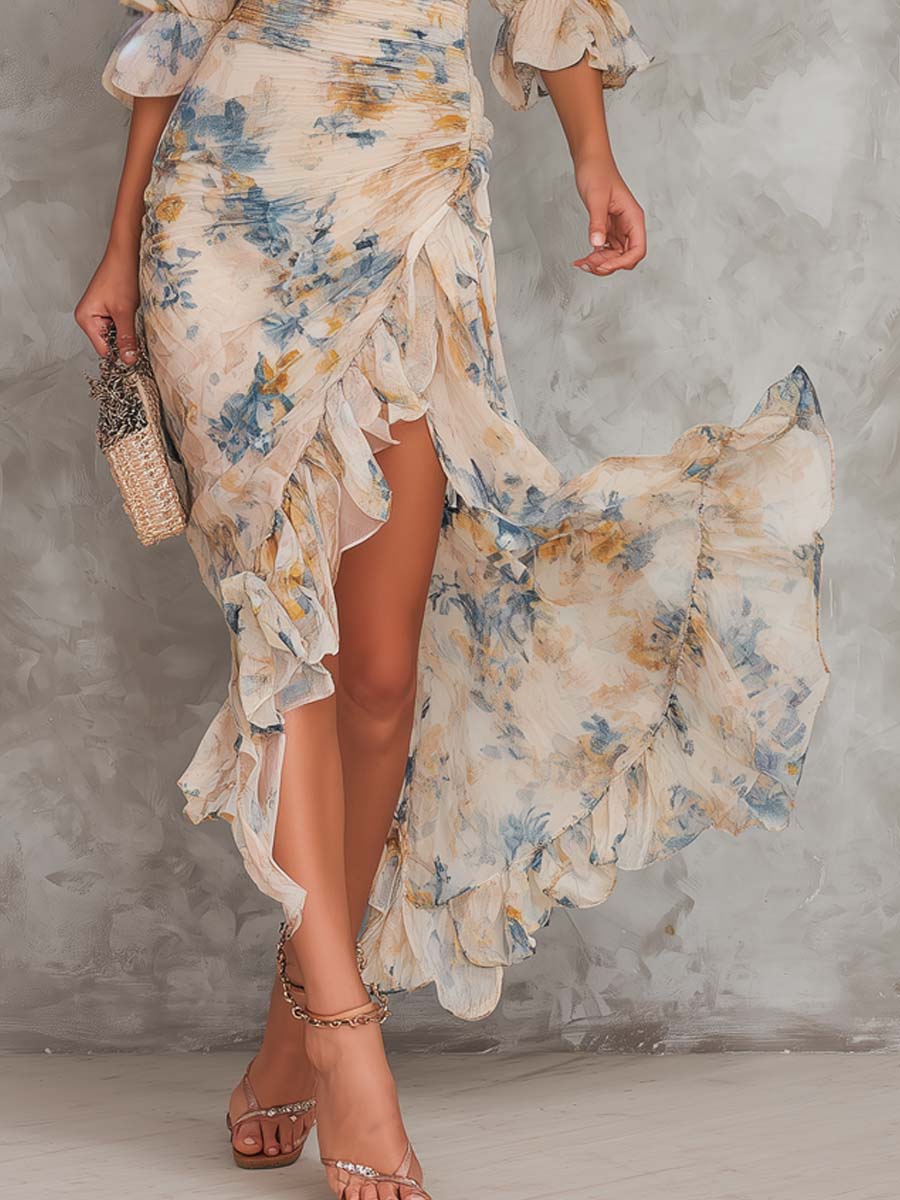 Leonor · Vestido Maxi de Gasa Floral con Cuello Alto