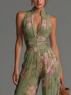 Mono Chiffon Verde Floral con Escote Halter y Pernera Ancha