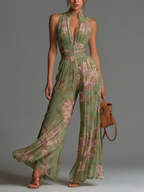 Mono Chiffon Verde Floral con Escote Halter y Pernera Ancha