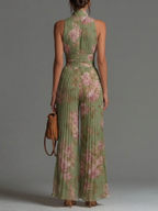 Mono Chiffon Verde Floral con Escote Halter y Pernera Ancha