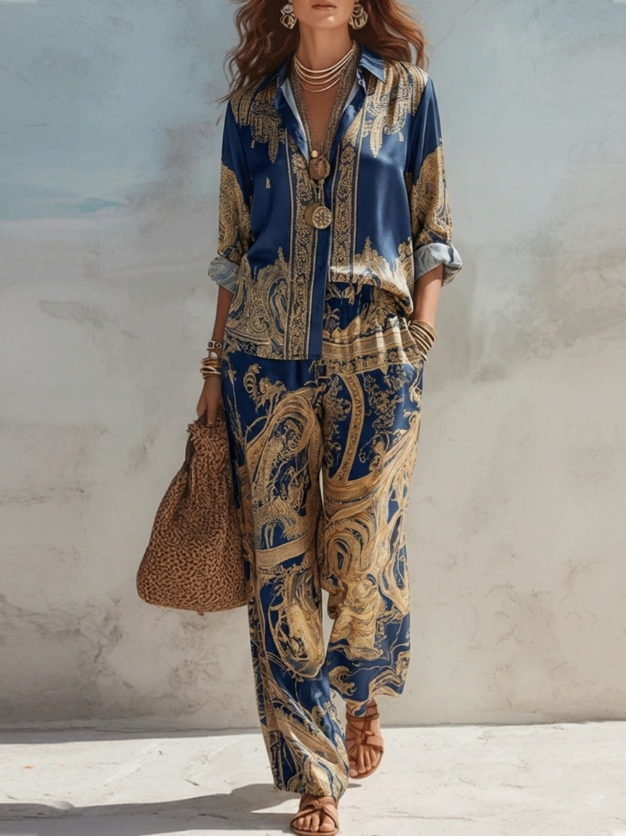 Conjunto Camisa Estampado Barroco Azul Marino y Pantalón Ancho